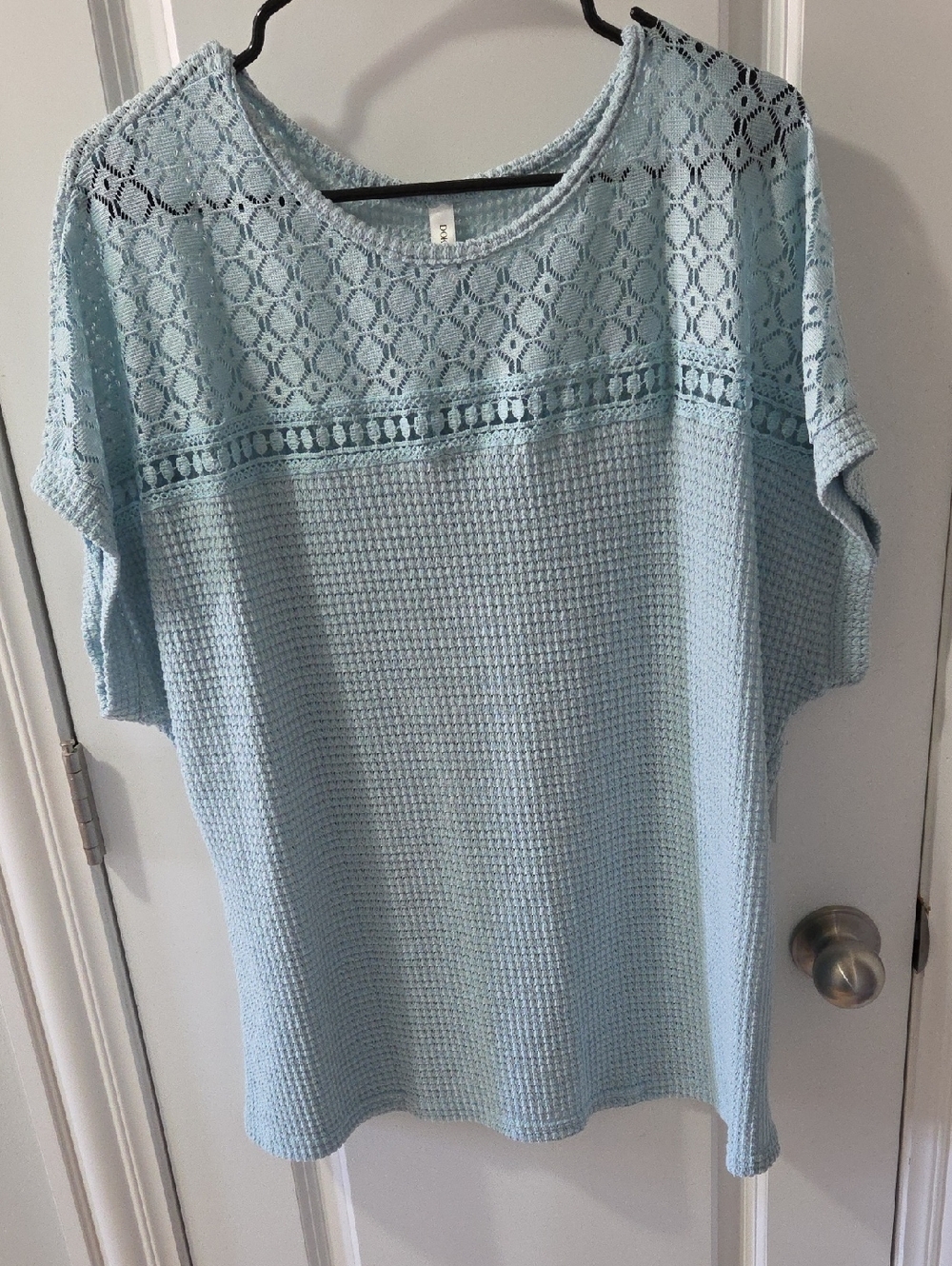 Women's Light Blue Crochet Yoke Knit Scoop Neck Sweater